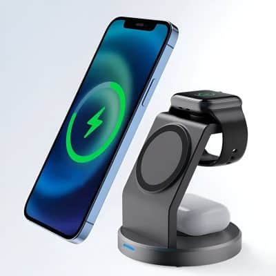 Wireless charging smartphone and smartwatch on charging stand, fast charging accessories for mobile devices, modern tech gadgets for convenience and efficiency.