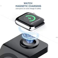 Smartwatch with magnetic wireless charging pad, showing battery status and energy transfer; ideal for tech lovers and health-focused users.