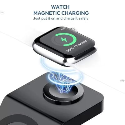 Smartwatch with magnetic wireless charging pad, showing battery status and energy transfer; ideal for tech lovers and health-focused users.