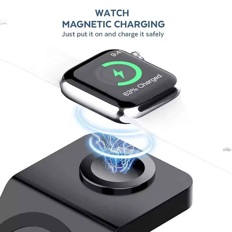 Smartwatch with magnetic wireless charging pad, showing battery status and energy transfer; ideal for tech lovers and health-focused users.