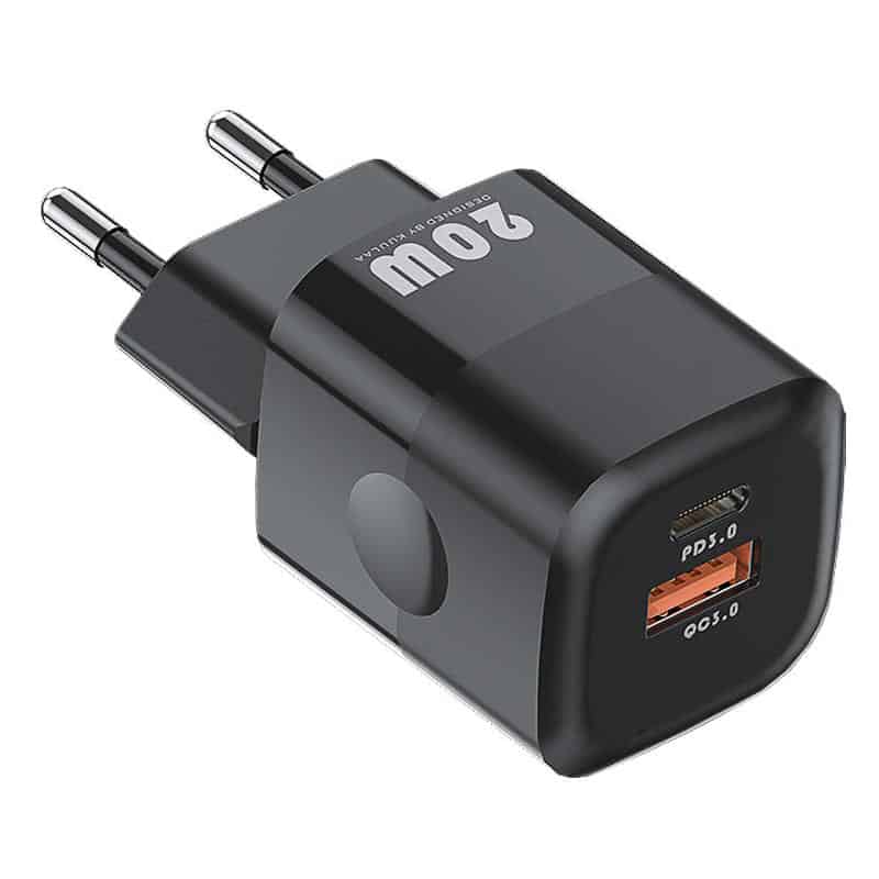 Fast charging USB wall charger with dual ports, compatible with smartphones and devices, sleek black design, high-speed power delivery, ideal for travel and home use.