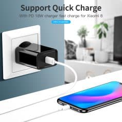 Rapid phone charging with Xiaomi 8 compatible PD 18W fast charger, plugged into a wall socket. Perfect for quick and efficient smartphone power-ups, ideal for tech-savvy users.
