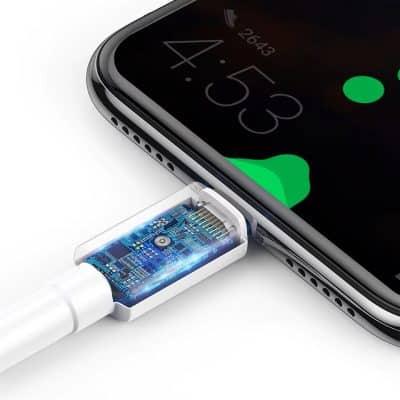 High-tech smartphone charging port with a digital circuit inside, close-up of a modern mobile device with fast charging technology.