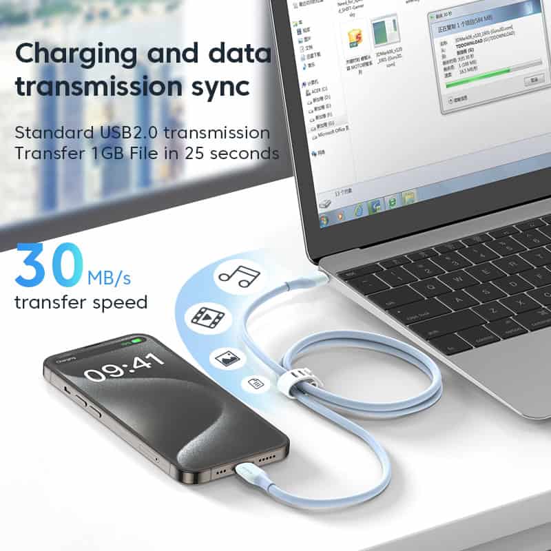 Charging and data transfer cable connected to a laptop and smartphone, showcasing fast USB 2.0 transmission speeds and 30 MB/s transfer rate, ideal for efficient file sharing and device synchronization.