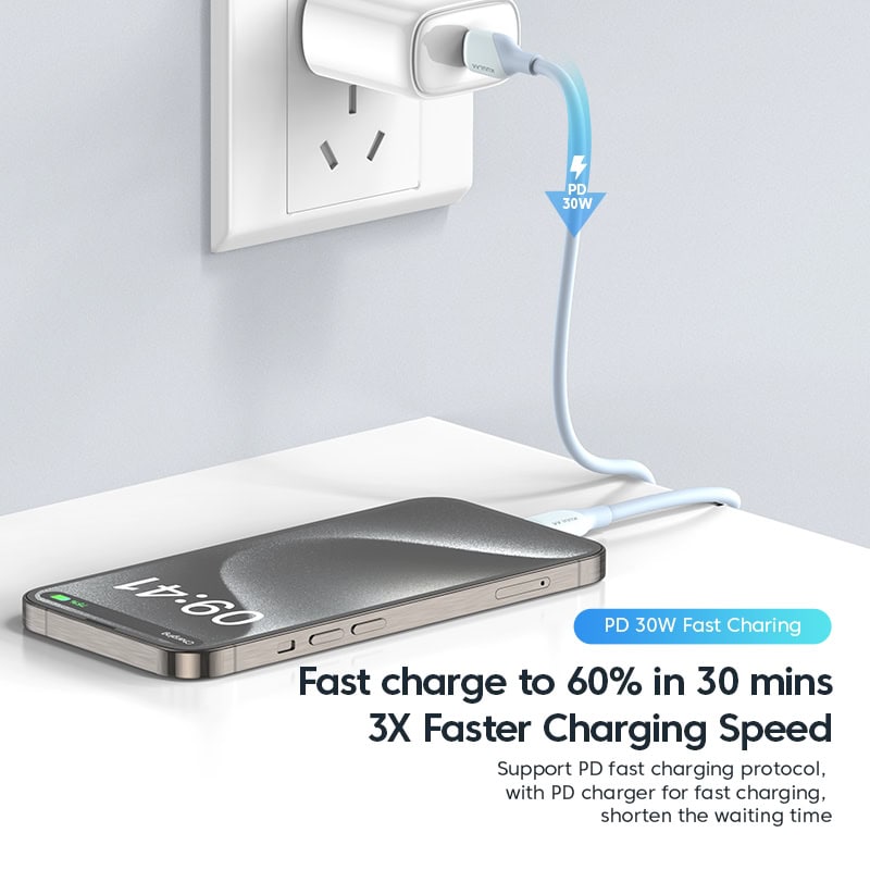 USB Type-C fast charger for smartphones and electronic devices, supporting PD 30W fast charging protocol, compact and efficient for quick power transfer.