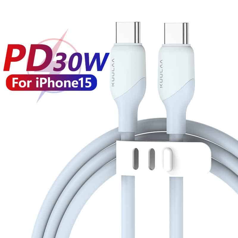 Pink and purple PD30W fast charging cable for iPhone 15, USB-C to Lightning connector, high-quality durable design, compatible with Apple smartphones, displayed on white cable organizer.