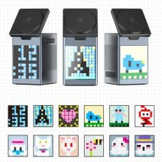 Pixel art digital clock with pixelated characters and icons for opt.