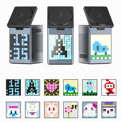 Pixel art digital clock with pixelated characters and icons for opt.