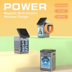 Wireless charging station with Bluetooth stereo, clock alarm, and cartoon pixel design, perfect for modern tech needs at Monalisa Store.