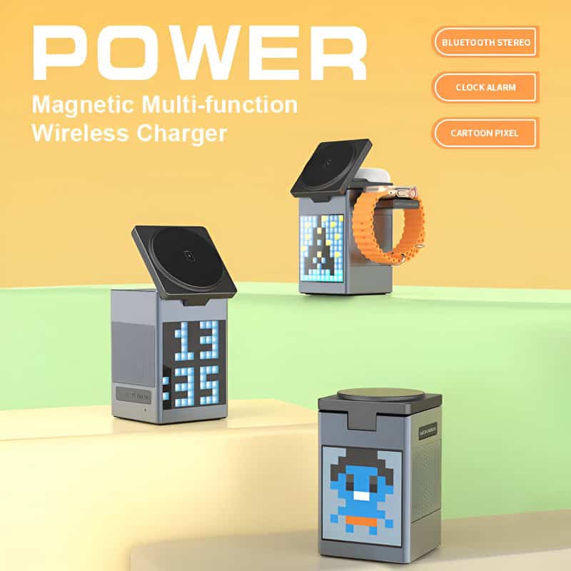 Wireless charging station with Bluetooth stereo, clock alarm, and cartoon pixel design, perfect for modern tech needs at Monalisa Store.