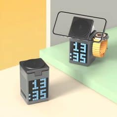 Digital alarm clock with large LED display showing time and date, modern design for bedroom or office, sleek black finish, minimalistic style, focus on accurate timekeeping and modern home decor.