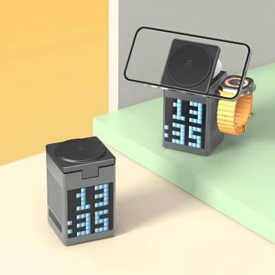 Digital alarm clock with large LED display showing time and date, modern design for bedroom or office, sleek black finish, minimalistic style, focus on accurate timekeeping and modern home decor.