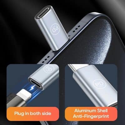 USB-C to Lightning fast charging adapter for smartphones and tablets, featuring aluminum shell and anti-fingerprint surface for durability and sleek design.