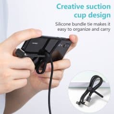 Flexible silicone phone holder with adjustable tie for secure grip and portability.