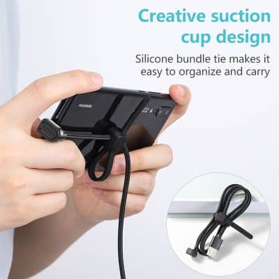Flexible silicone phone holder with adjustable tie for secure grip and portability.