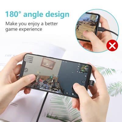 Gaming smartphone with 180-degree tilt design for enhanced mobile gaming experience, connected to a gaming controller and charger.