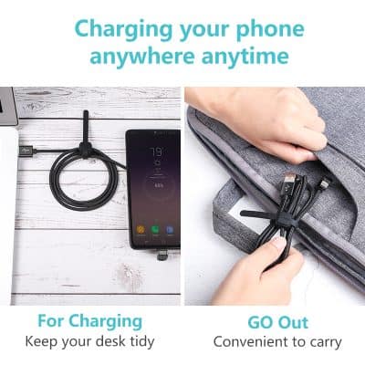 Charging phone on desk, portable charging cable, and travel organizer for power cords for convenience.