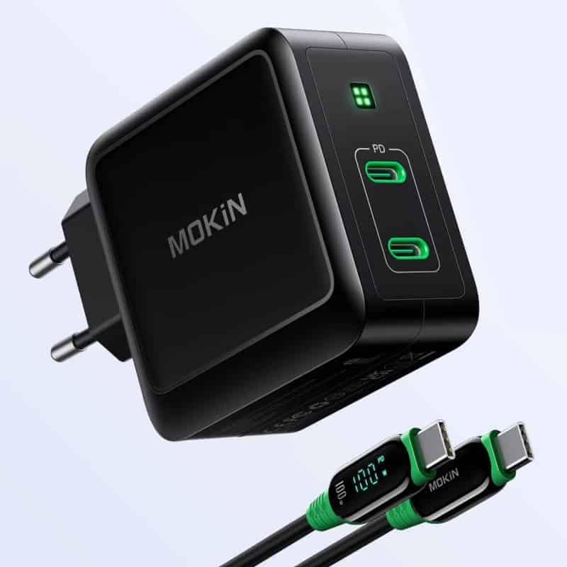 Efficient USB-C fast charger with MOKIN branding, dual port design, and digital display for optimal device charging at Monalisa Store.