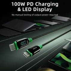 USB Type-C PD charging cable with LED display showing power output for electronic devices.