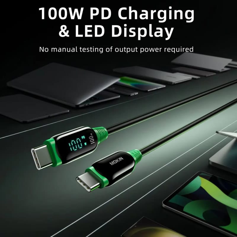 USB Type-C PD charging cable with LED display showing power output for electronic devices.