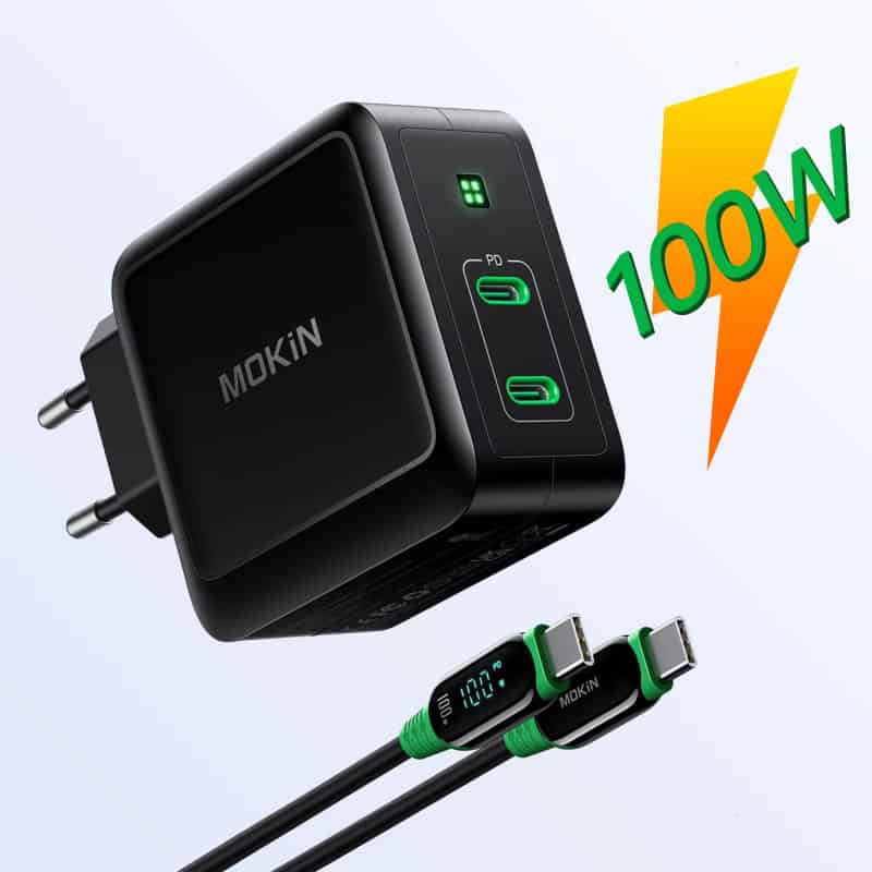 Fast charging MOKIN USB-C wall charger with dual ports and 100W power output, compatible with various devices, ideal for quick energy transfer and mobile power solutions.