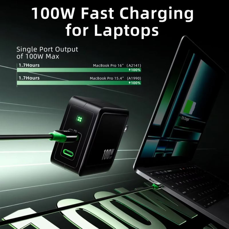 Fast charging laptop charger, 100W power adapter, high-speed charging for MacBook and laptops, USB-C charger, Monalisa Medical opt product, electronic device charging solution, portable laptop charging device, reliable and fast laptop charger, compatible with MacBook Pro 15.4" and 16", advanced charging technology for electronics.