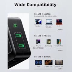 High compatibility USB-C charger compatible with MacBook, Microsoft Surface, Dell laptops, iPhone, Samsung, Google Pixel phones, and tablets like iPad, Galaxy Tab, Amazon Fire.