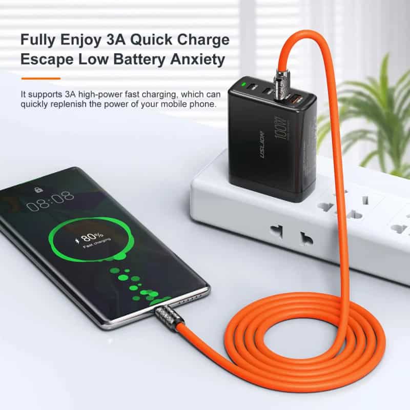 Fast charging mobile phone with portable power bank and extension cord for quick power recharge.