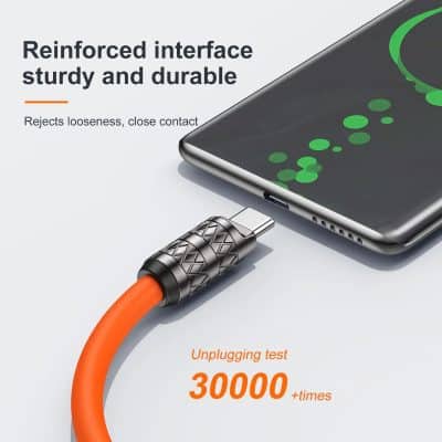 Reinforced durable smartphone charging cable with close contact design, tested over 30,000 times for reliability and longevity, suitable for various devices.