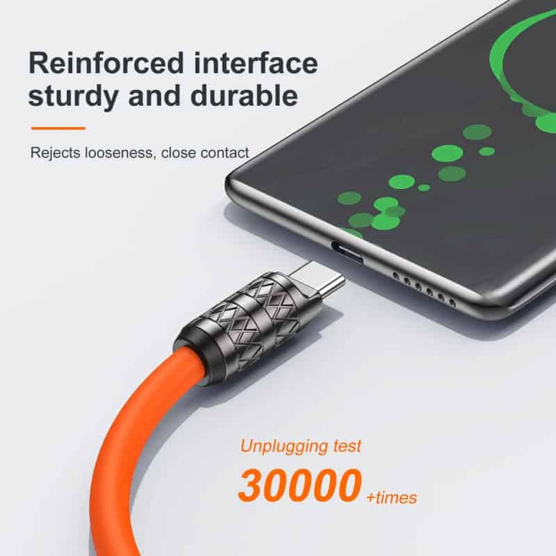Reinforced durable smartphone charging cable with close contact design, tested over 30,000 times for reliability and longevity, suitable for various devices.