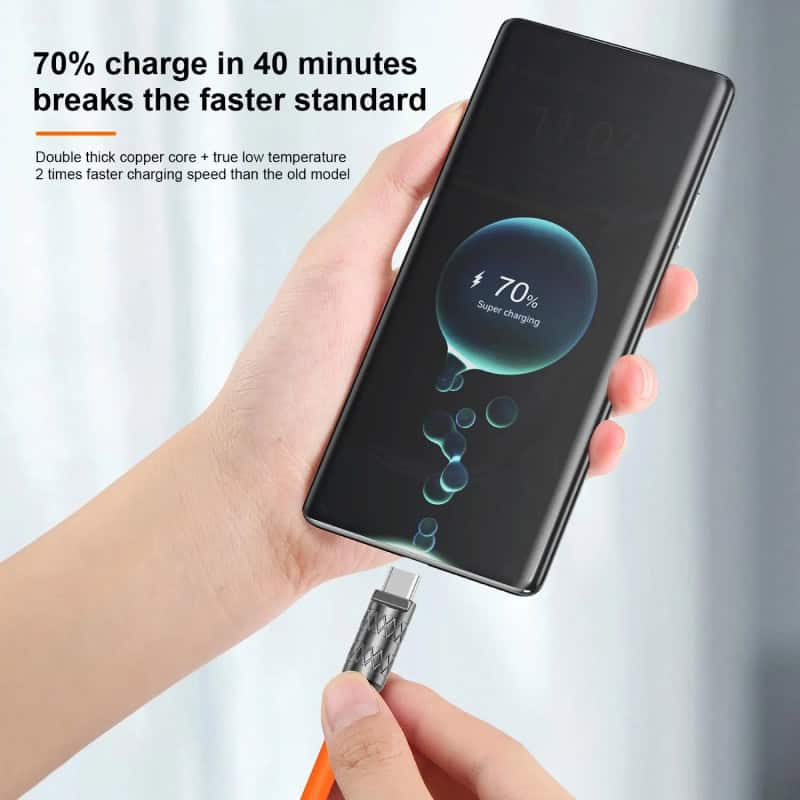 Fast wireless charging smartphone with 70% battery displayed, sleek black mobile device charging via cable, modern electronics, high-tech gadget, Monalisa Store product.