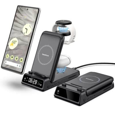 Wireless charging station for smartphones, smartwatches, and wireless earbuds with fast charging capabilities and sleek modern design for convenience.