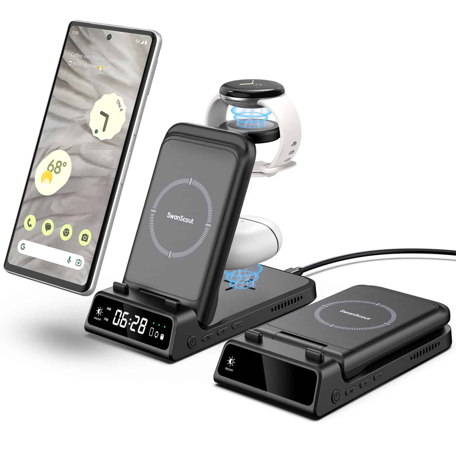 Wireless charging station for smartphones, smartwatches, and wireless earbuds with fast charging capabilities and sleek modern design for convenience.
