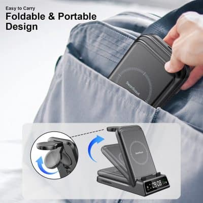 SwanScount wireless phone charger with foldable portable design, easy to carry, perfect for on-the-go use, compatible with various smartphones, and ideal for busy lifestyles.