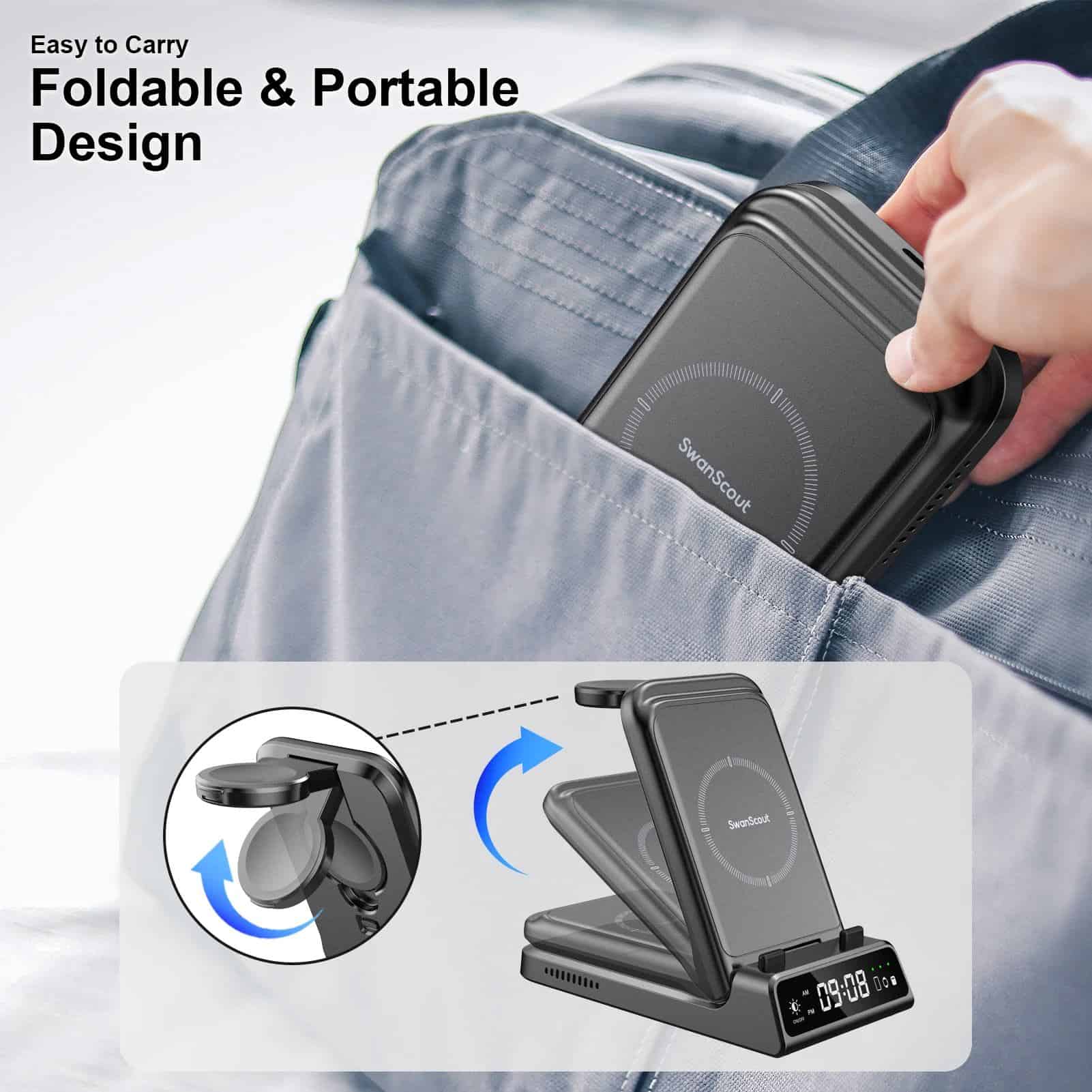 SwanScount wireless phone charger with foldable portable design, easy to carry, perfect for on-the-go use, compatible with various smartphones, and ideal for busy lifestyles.