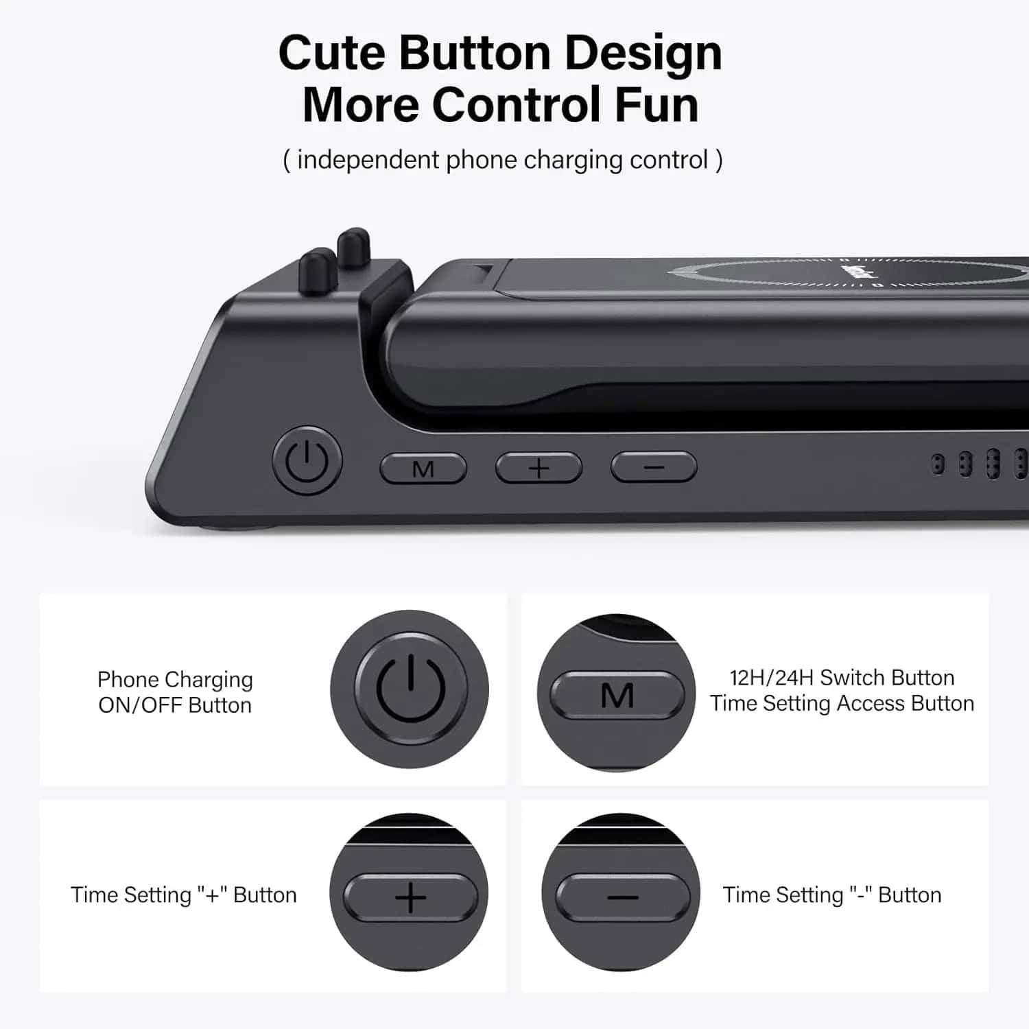 Phone charging control device with buttons for power, mode, and time setting, ideal for medical or optical equipment.