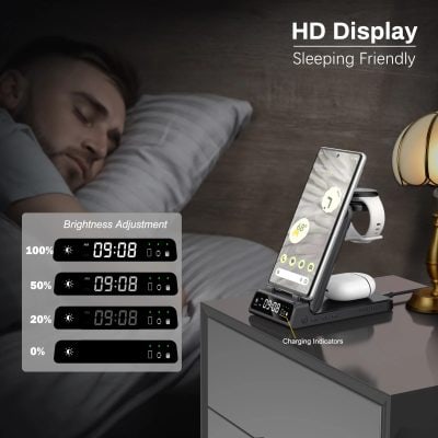 Wireless charging clock with HD display, sleep-friendly design, and brightness adjustment; ideal for modern bedroom decor and sleep optimization.