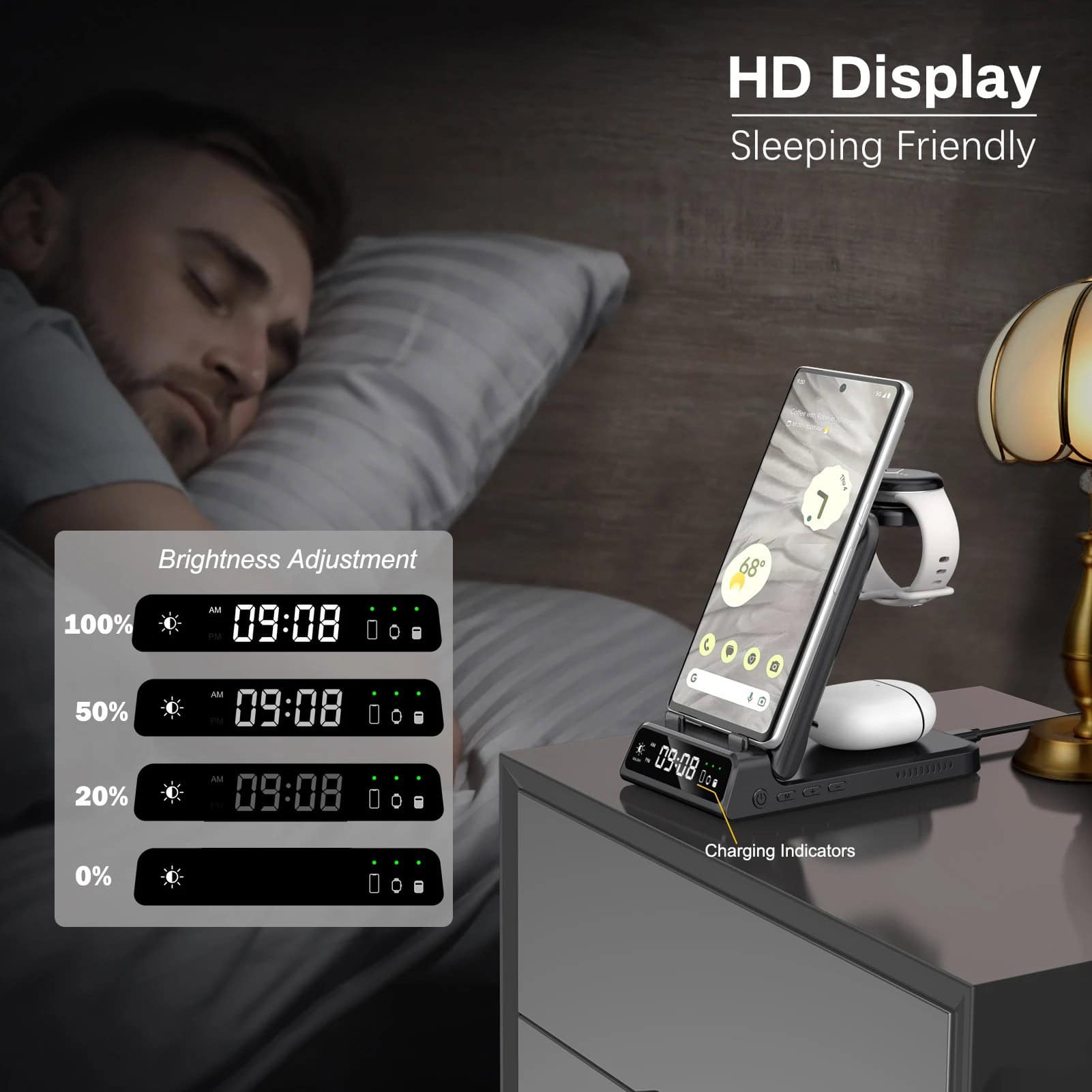 Wireless charging clock with HD display, sleep-friendly design, and brightness adjustment; ideal for modern bedroom decor and sleep optimization.