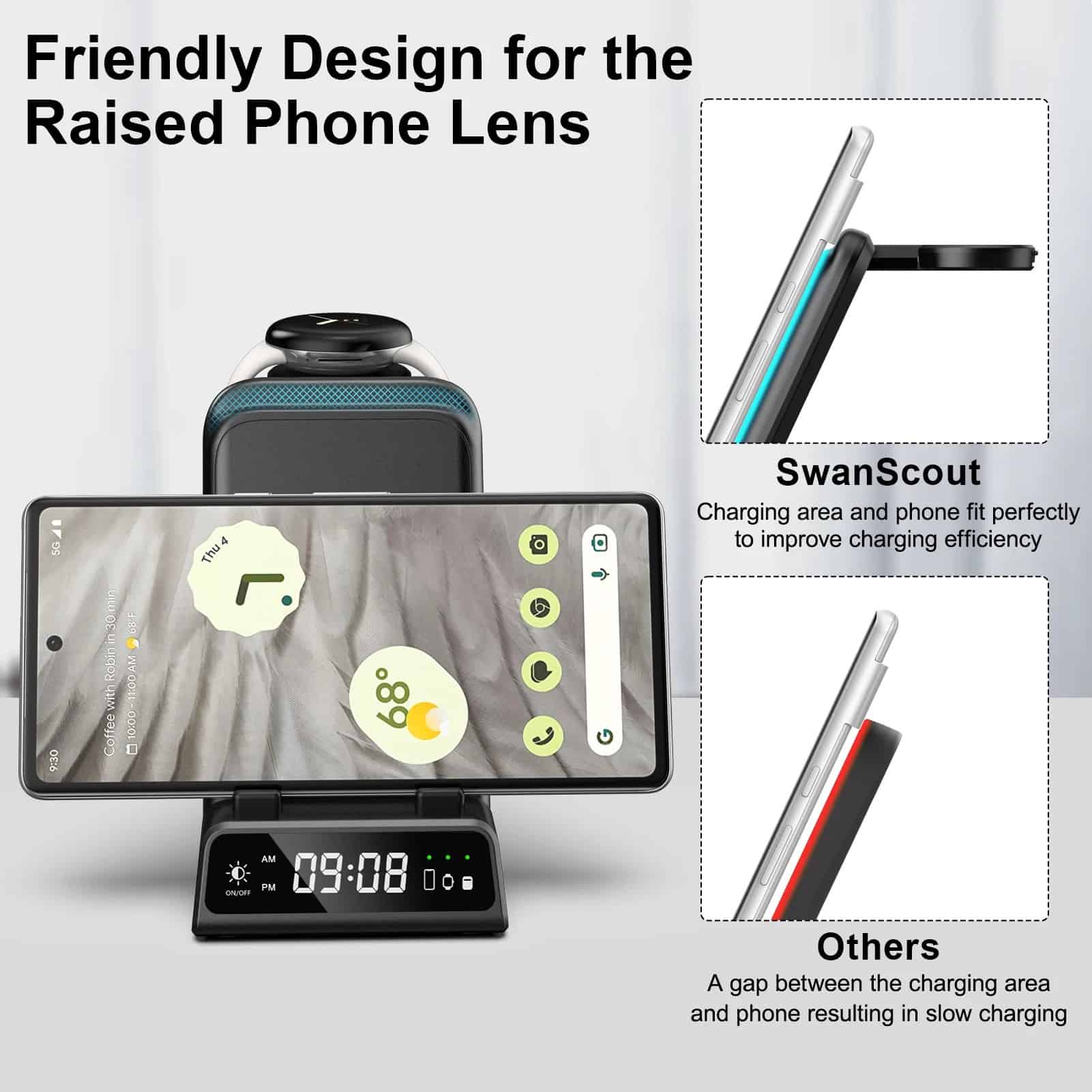 Charging station with wireless charging pad and phone holder for efficient charging at Monalisa Store.