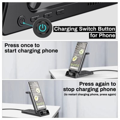 Charging stand with wireless phone charger and digital clock for charging smartphones and organizing workspace.