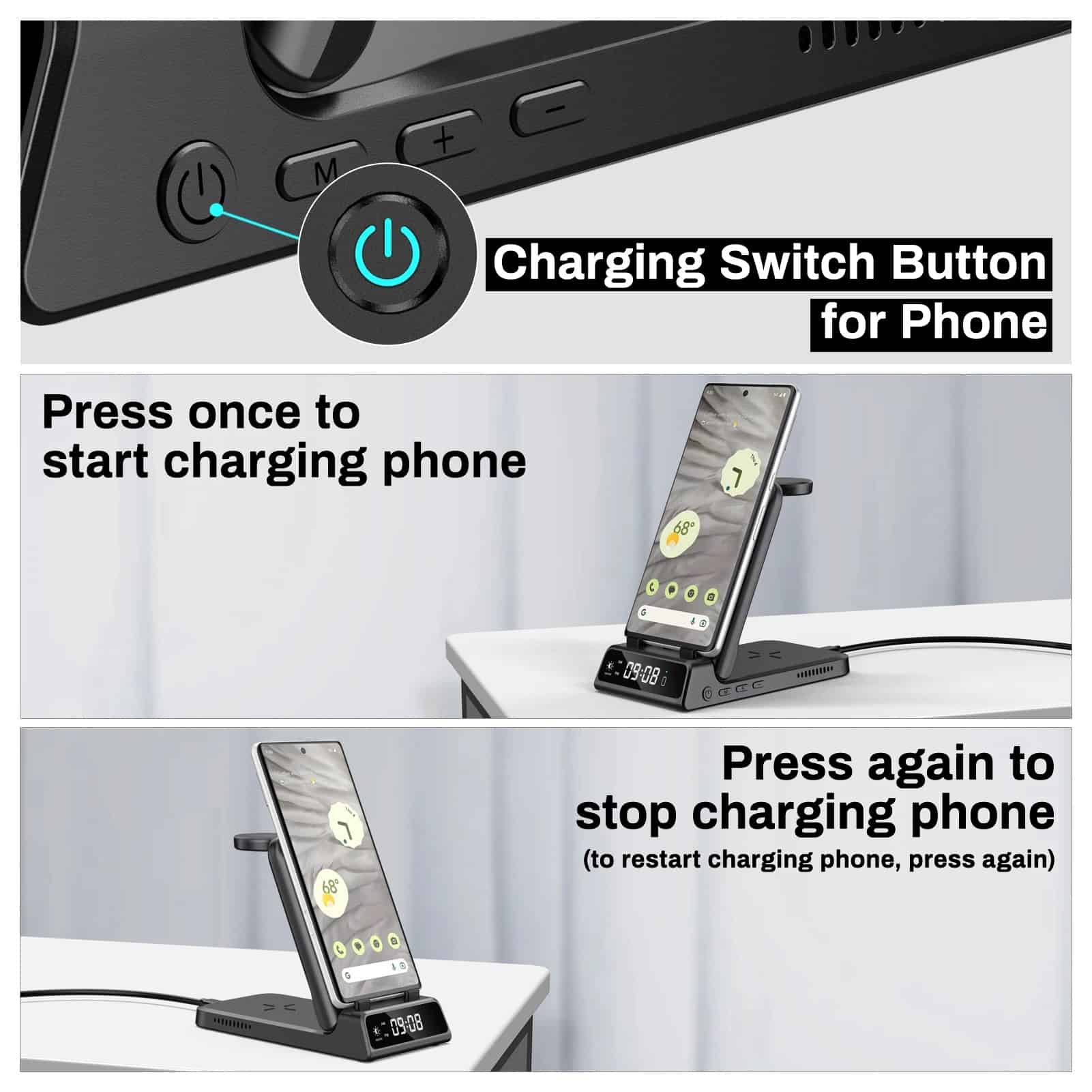 Charging stand with wireless phone charger and digital clock for charging smartphones and organizing workspace.