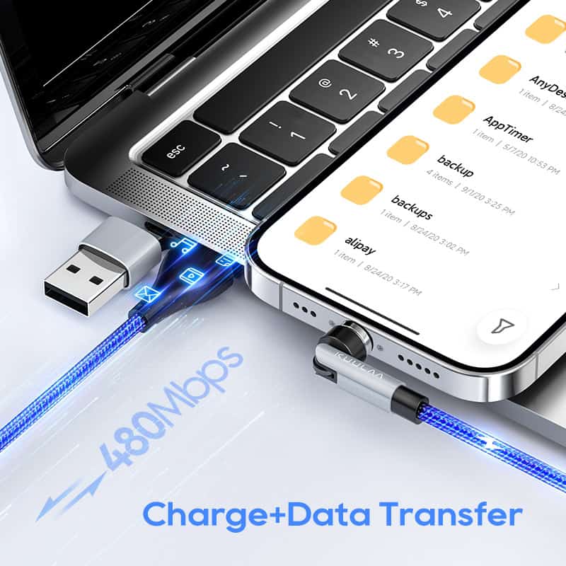 Fast data transfer between laptop and smartphone using USB-C cable, showcasing high-speed charging and data synchronization for optimal device performance.