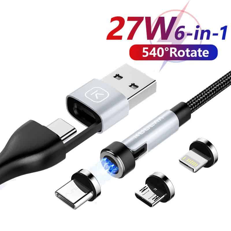 USB charging cable with 6-in-1 adapters, lightning connector, and multi-functional design, compatible with various devices including iPhone and Android. Perfect for fast charging and data transfer.