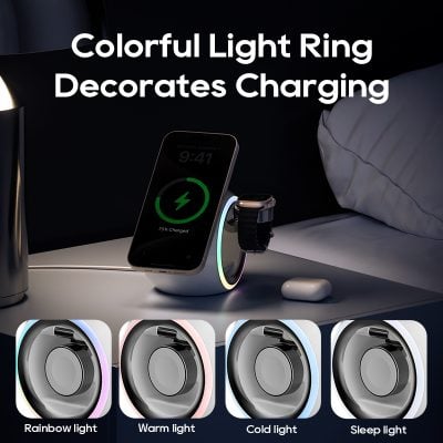 Colorful light ring charging station with wireless charger and smart watch holder, LED lights for sleep, reading, and charging modes, modern tech accessories for smart home and convenience.
