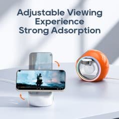 Wireless mobile phone holder with adjustable viewing angle for optimal media experience.