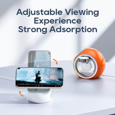 Wireless mobile phone holder with adjustable viewing angle for optimal media experience.