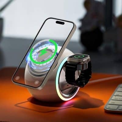 Wireless charging smartwatch and smartphone on a futuristic charging stand at Monalisa Store, showcasing advanced wearable technology and seamless device charging solutions.