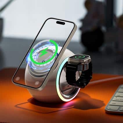 Wireless charging smartwatch and smartphone on a futuristic charging stand at Monalisa Store, showcasing advanced wearable technology and seamless device charging solutions.