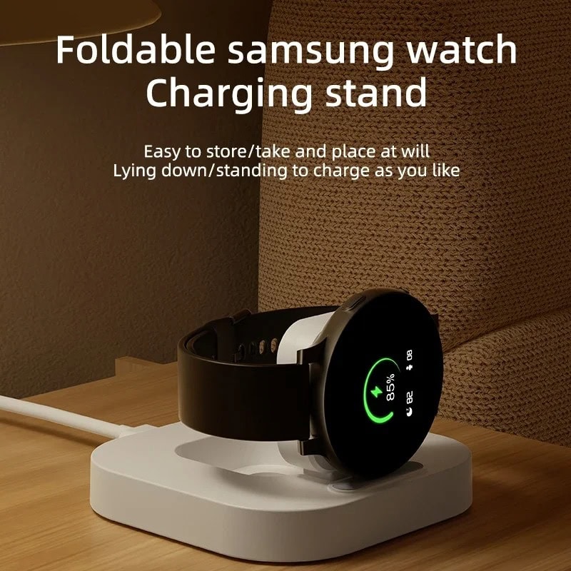 Foldable samsung watch charging stand, wireless charging dock for smartwatches, convenient charging station, sleek design for Samsung Galaxy Watch, durable and easy to use.