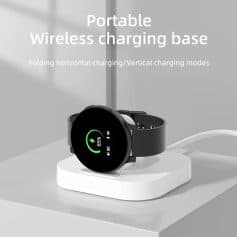 Wireless portable charging smartwatch on a sleek charging dock, highlighting convenient device power management for health and fitness tracking.